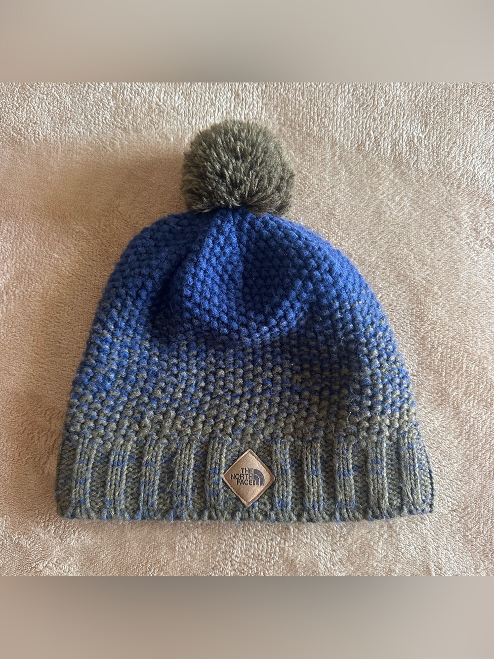 The North Face Unisex Antlers Beanie Fleece Lined Pom-Pom Thick Knit Brown Blue